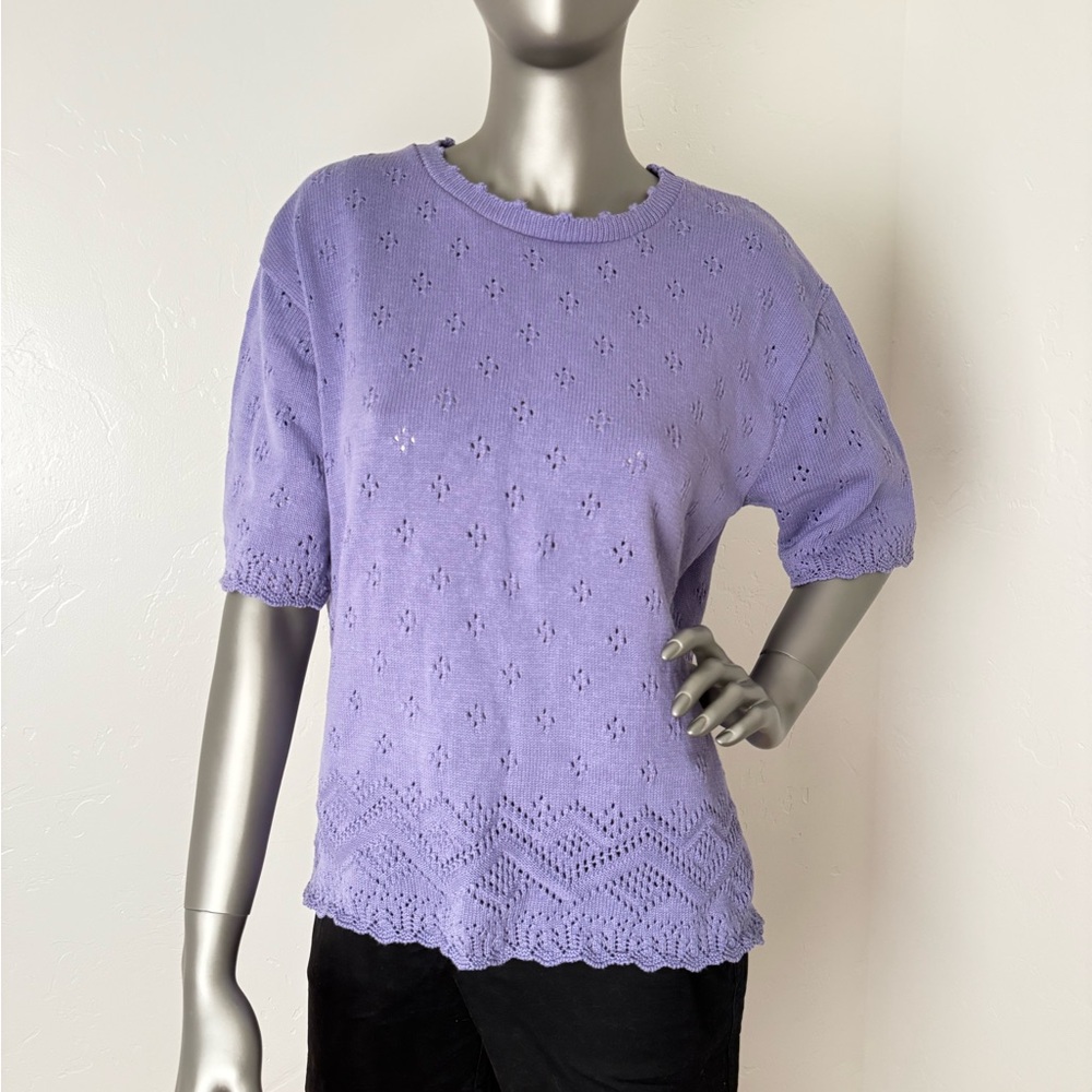 Carly Blake Lilac Vintage Knit Eyelet Women's Grandma Short Sleeve‎ Sweater XL